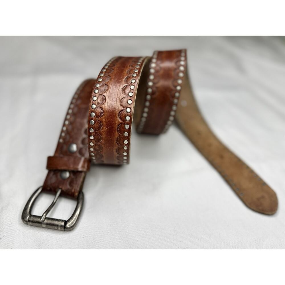 Bill Adler Brown Genuine Stamped Leather Silver Rivets Belt Size 40 Western